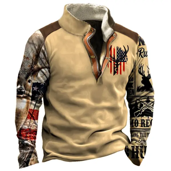 Men's Sweatshirt Outdoor Velvet Stand Collar Long Sleeve American Deer Print - Cotosen.com