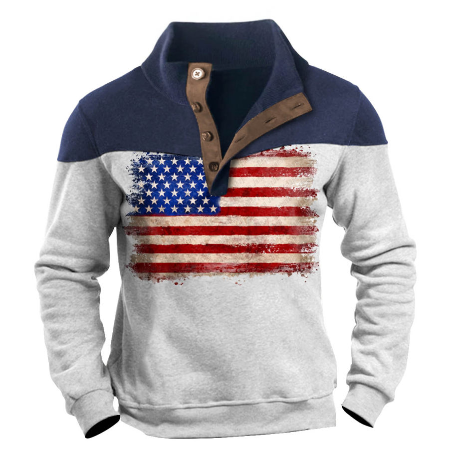 

Sweat Homme Drapeau Américain Col Montant Boutons Vintage Colorblock Quotidien Hauts