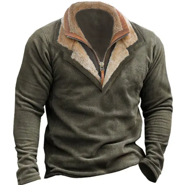 Men Vintage Fleece Henley Zip Polo Sweatshirt Double Layer Lapel Fur Leather Collar Tactical Pullover - Blaroken.com 
