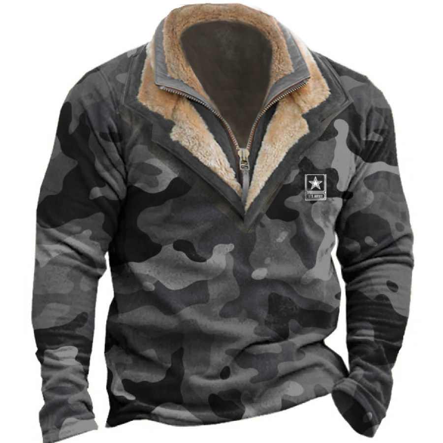 

Hombres Vintage Ejército De EE. UU. Polar Henley Zip Polo Sudadera Doble Capa Solapa Piel Collar Táctico Jersey