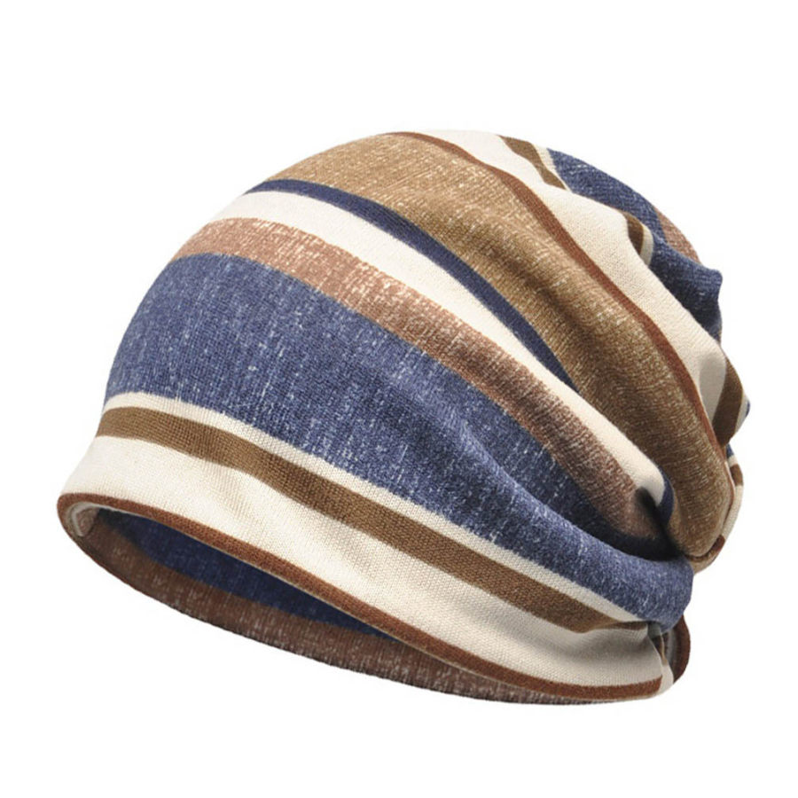 

Полосатая вязаная ветрозащитная теплая шапка унисекс с воротником на шее