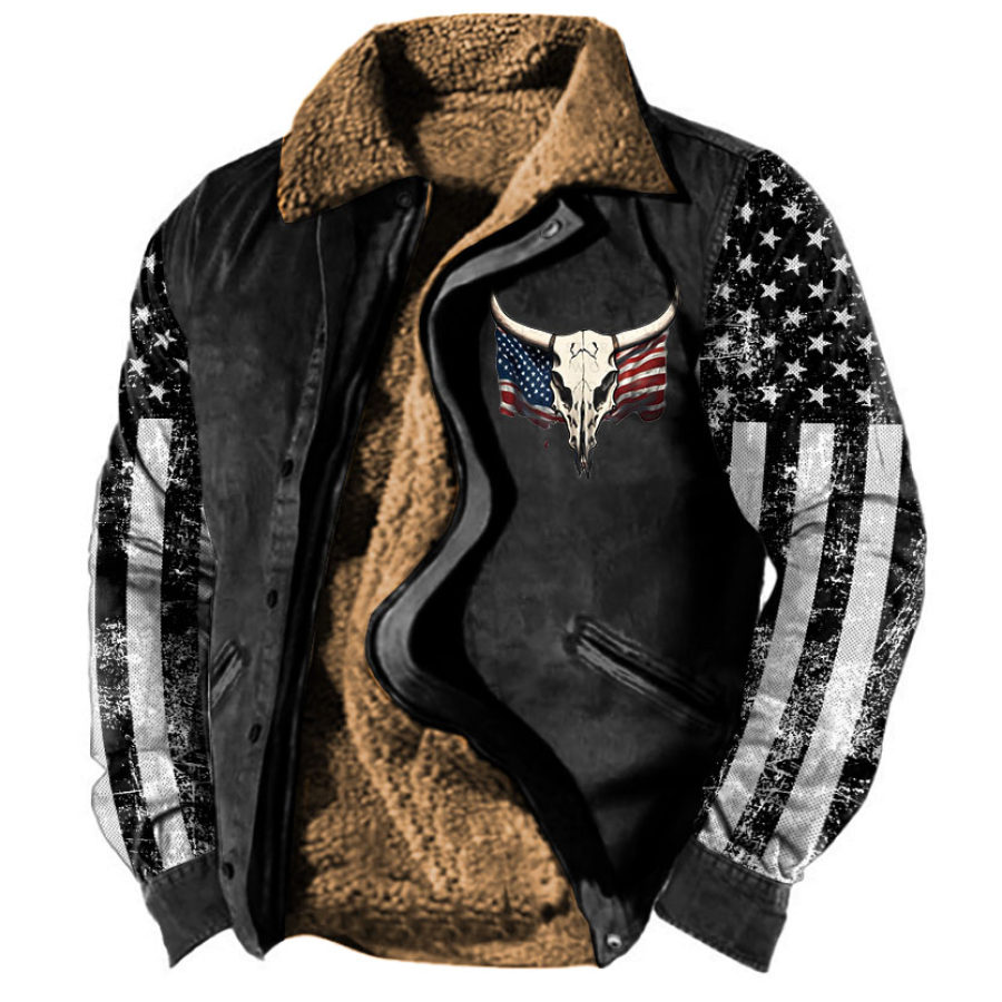 

Chaqueta Gruesa Y Cálida De Forro Polar Con Diseño De Calavera De Toro Y Bandera Americana Vintage Para Hombre