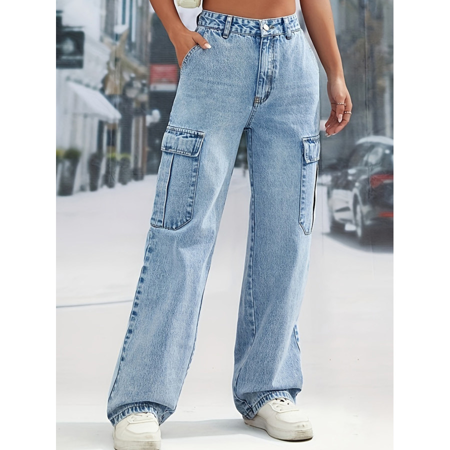 

Lässige Gerade Jeanshose Für Damen Mit Großer Tasche Und Hoher Taille
