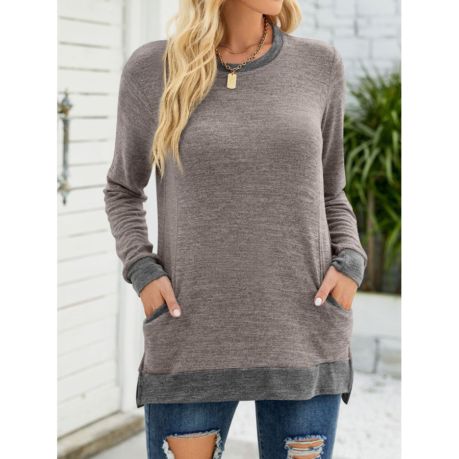 

Top Pullover Ampio A Maniche Lunghe Con Tasca Color Block E Girocollo Da Donna