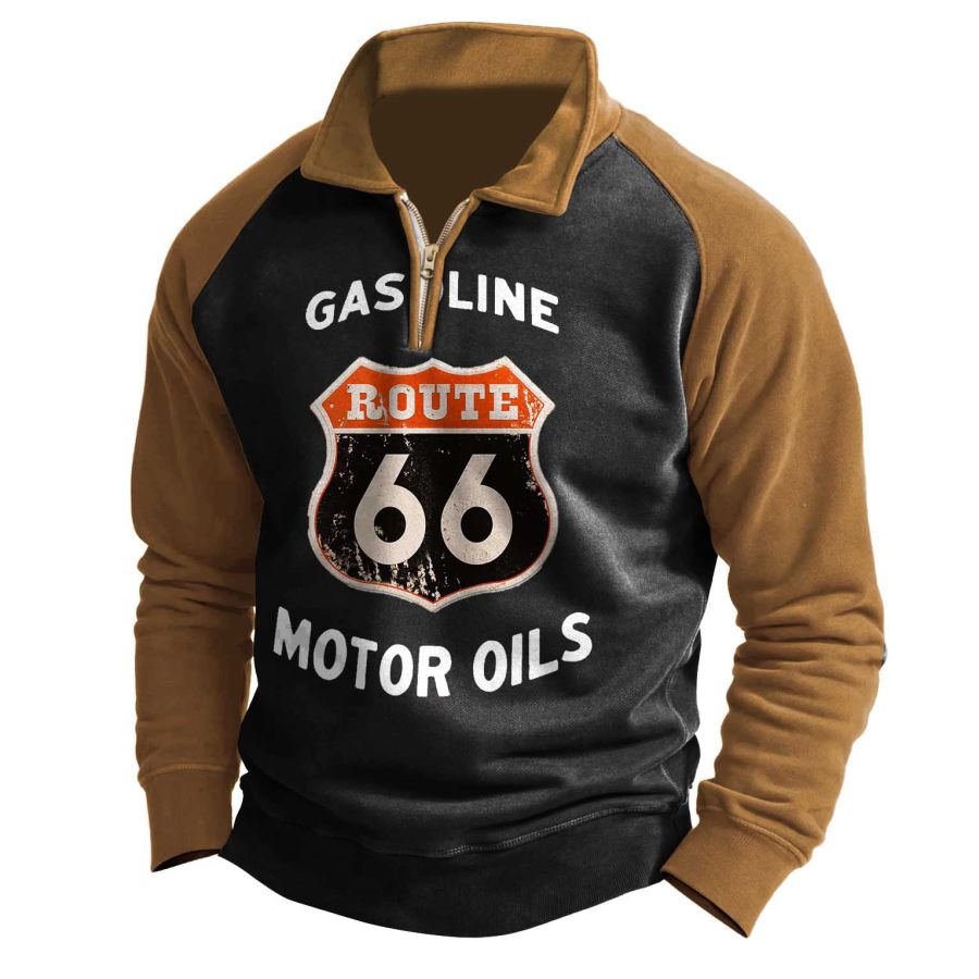 

Sweat-shirt Pour Hommes Vintage Motor Oil Route 66 Quarter Zip Color Block Daily Tops