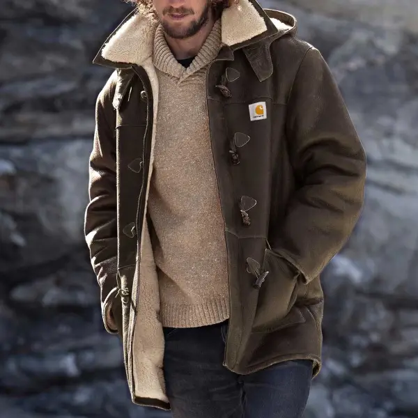 Men's Jacket Hooded Vintage Fleece Leather Lapel Outdoor Coat Dark Brown - Cotosen.com