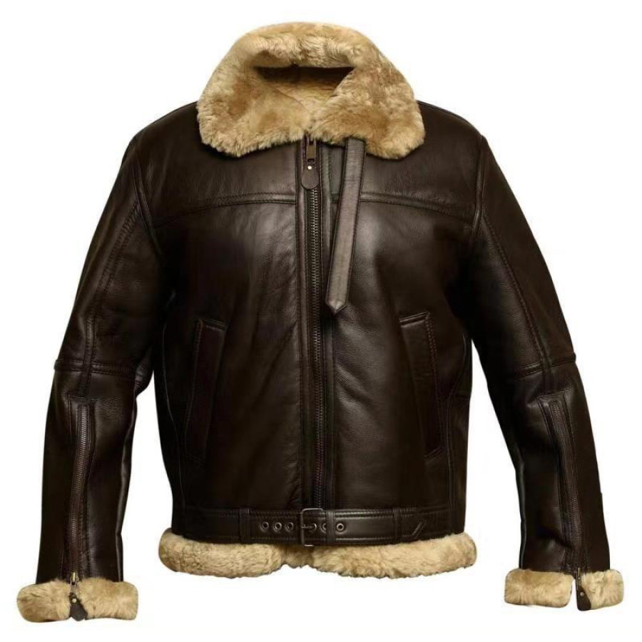 

Chaqueta Bomber De Piel De Oveja Para Hombre Forro Polar Vintage Cálido Marrón Oscuro Negro