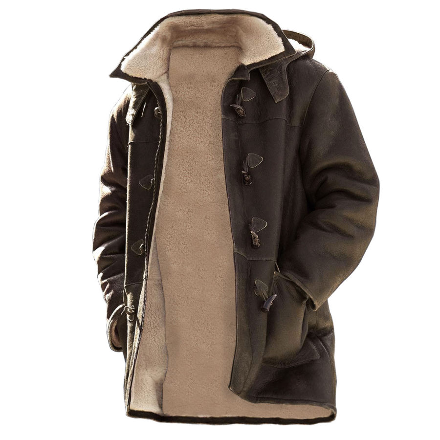 

Мужская куртка с капюшоном винтажное флисовое кожаное пальто с лацканами темно-коричневое