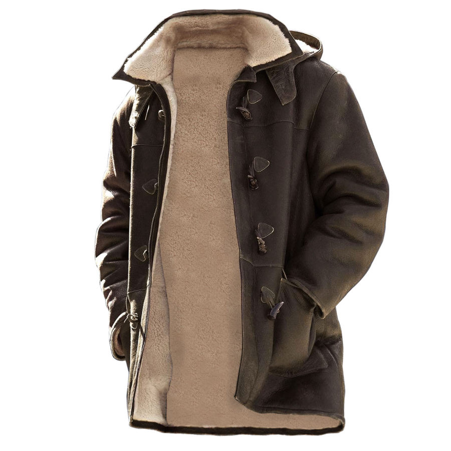 

Chaqueta De Hombre Con Capucha Abrigo De Exterior De Solapa De Cuero Polar Vintage Marrón Oscuro