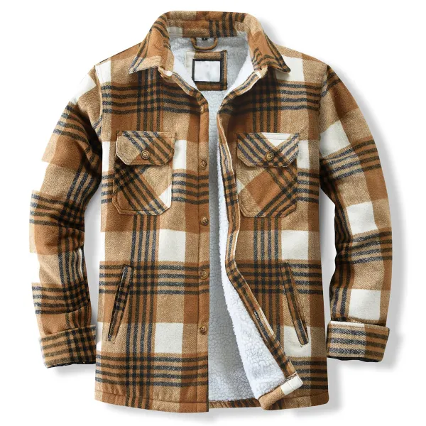 Men's Cotton Flannel Shirt Jacket Fleece Lined Long Sleeve Plaid Jacket