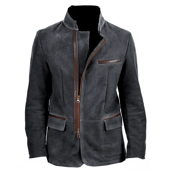 Men Vintage Stand Collar Suede Blazer Side Zip Fly Contrast Leather Webbing Medium Length Jacket Coats - Cotosen.com