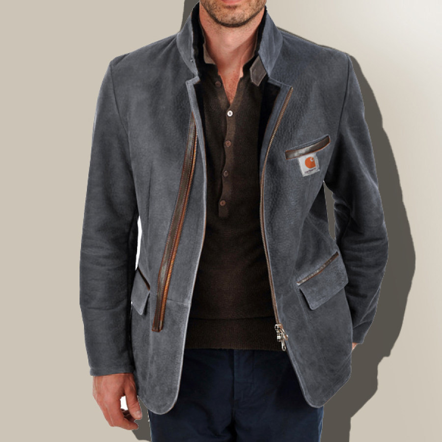 

Blazer Vintage En Daim à Col Montant Pour Hommes Fermeture éclair Latérale Sangle En Cuir Contrasté Manteaux De Veste De Longueur Moyenne