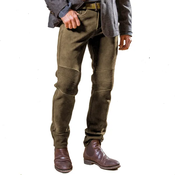 Men Vintage Deer Leather Trousers Quilted Outdoor Motorcycle Casual Pants Daily Pants - Cotosen.com