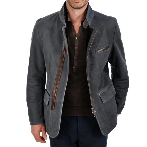 Men Vintage Stand Collar Suede Blazer Side Zip Fly Contrast Leather Webbing Medium Length Jacket Coats - Fineyoyo.com 