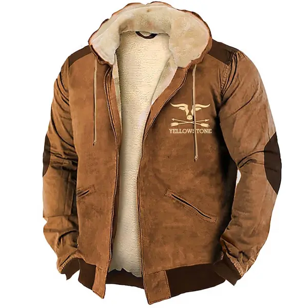 Men's Vintage Yellowstone Fleece Warm Thick Colorblock Hooded Jacket