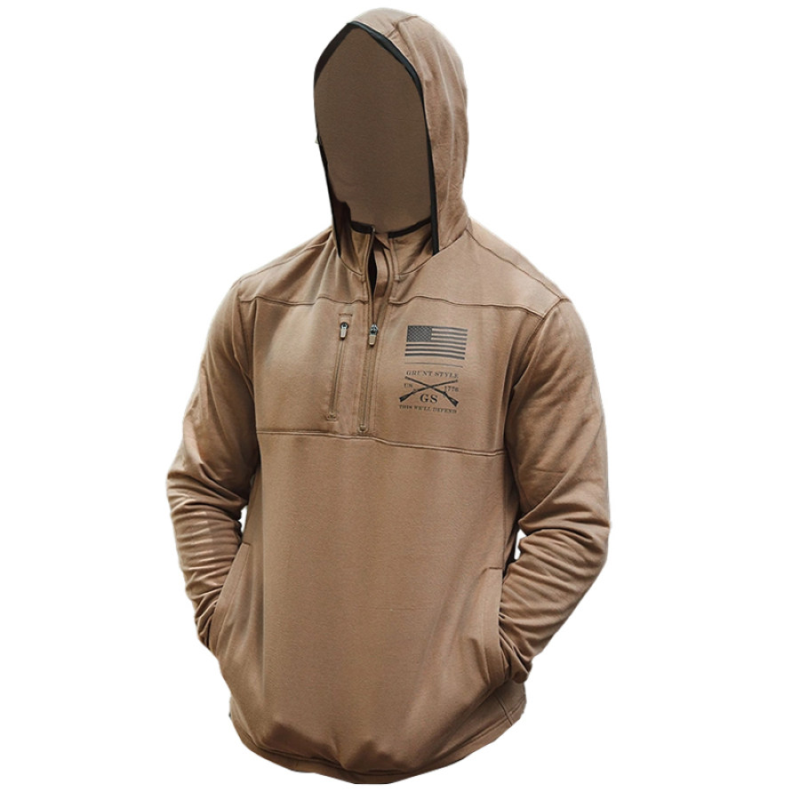 

Felpa Tattica Con Cappuccio Con Bandiera Americana Da Uomo Zip Pullover Con Tasca E Colletto Semiaperto Henley