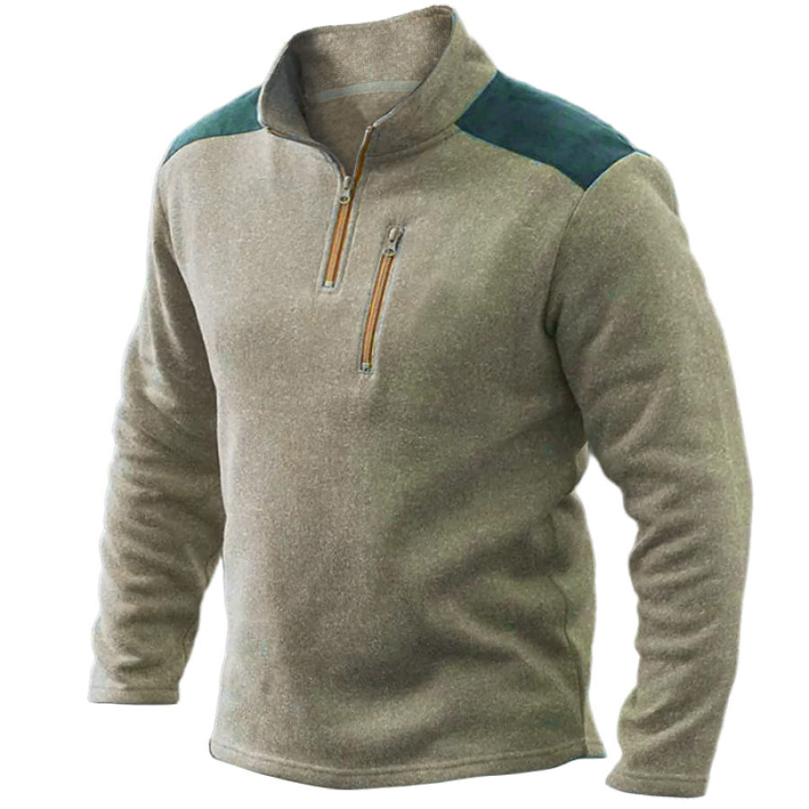 

Men's Half Open Collar Sweatshirt Vintage Color Block Zippered Pockets