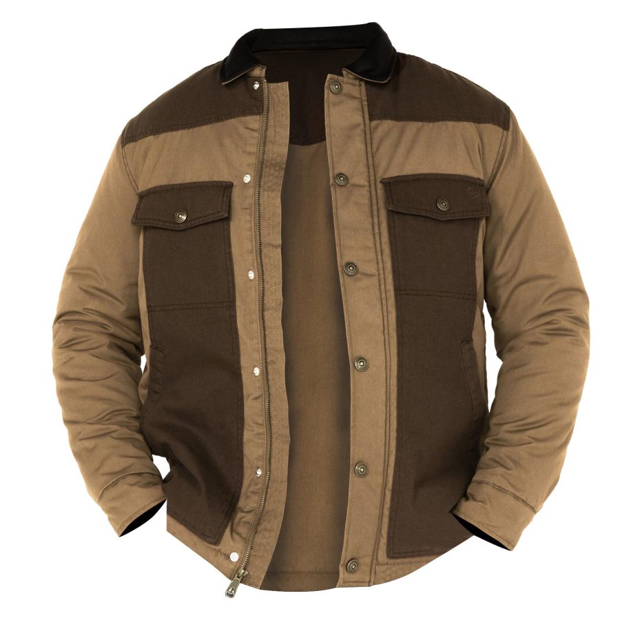 

Men's Jacket Lapel Colorblock Vintage Outdoor Casual Daily Outerwear Khaki