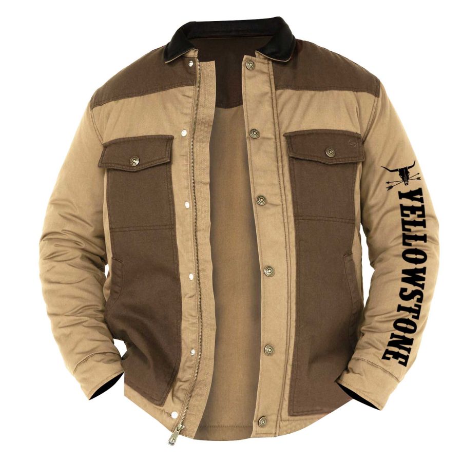 

Giacca Da Uomo Yellowstone Risvolto Colorblock Vintage Outdoor Casual Capispalla Quotidiana Cachi