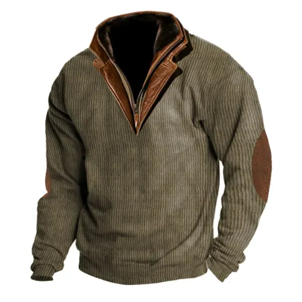 Men's Outdoor Casual Zip Polo Stand Collar Long Sleeve Sweatshirt Double Layer Lapel Fur Leather Collar Pullover - Cotosen.com
