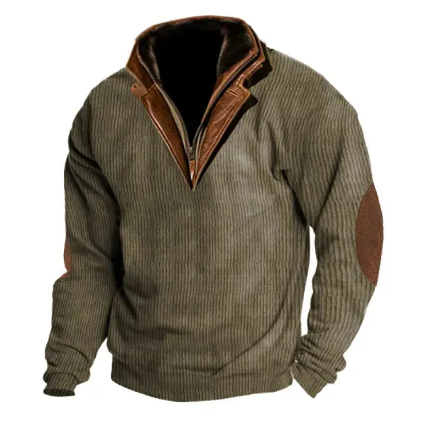 Men's Outdoor Casual Zip Polo Stand Collar Long Sleeve Sweatshirt Double Layer Lapel Fur Leather Collar Pullover - Blaroken.com 