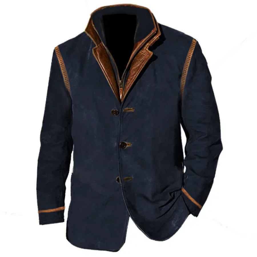 

Hombres Vintage Cargo Blazer Doble Capa Cremallera Polo Collar Longitud Media Codo Parche Tácticas Abrigos