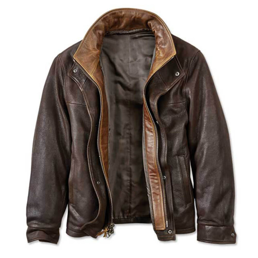 

Chaqueta De Hombre Trucker Cuero Vintage Cuello Alto Al Aire Libre Marrón Oscuro