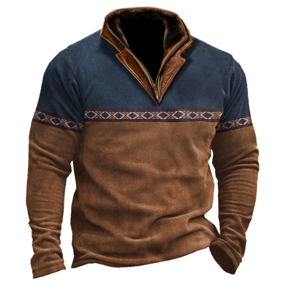 

Felpa Da Uomo Con Colletto In Pelle Con Zip A Quarti Color Block In Pile Azteco Vintage Marrone