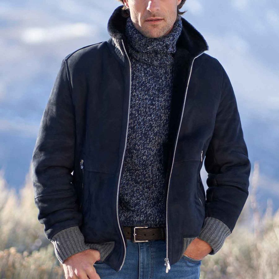 

Giacca In Shearling Da Uomo In Pile Scamosciato Vintage Colletto Rialzato Capispalla Da Esterno Blu Navy
