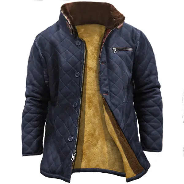 Men Vintage Quilted Leather Jacket Outdoor Zip Pocket Warmth Coat - Kalesafe.com 