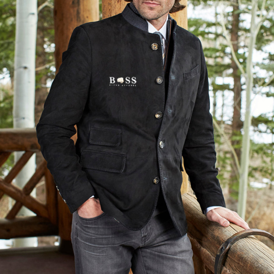 

Мужской замшевый пиджак с воротником-стойкой уличная повседневная куртка средней длины с воротником с лацканами и несколькими карманами