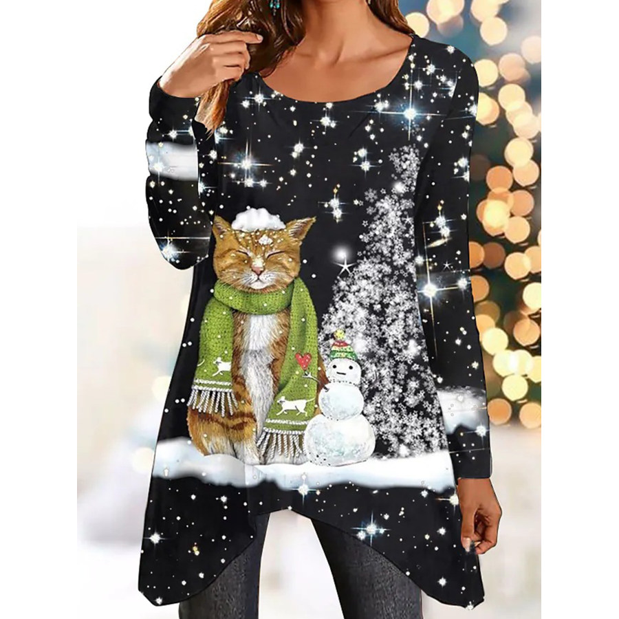 

Women's Christmas Snowman Snowflake Print Irregular Hem Long Sleeve Top