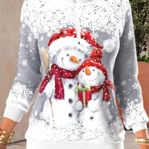 Women's Christmas Snowman Print Zipper Stand Collar Sweatshirt - Cotosen.com
