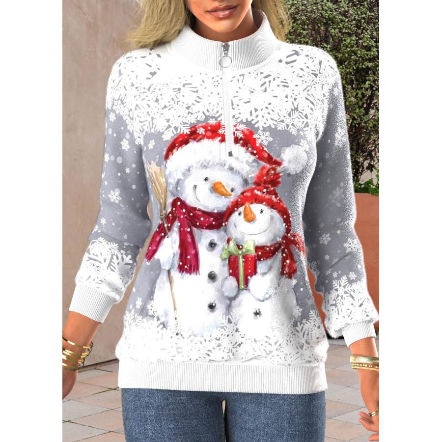 

Sudadera Con Cuello Levantado Y Cremallera Con Estampado Navideño De Muñeco De Nieve Para Mujer