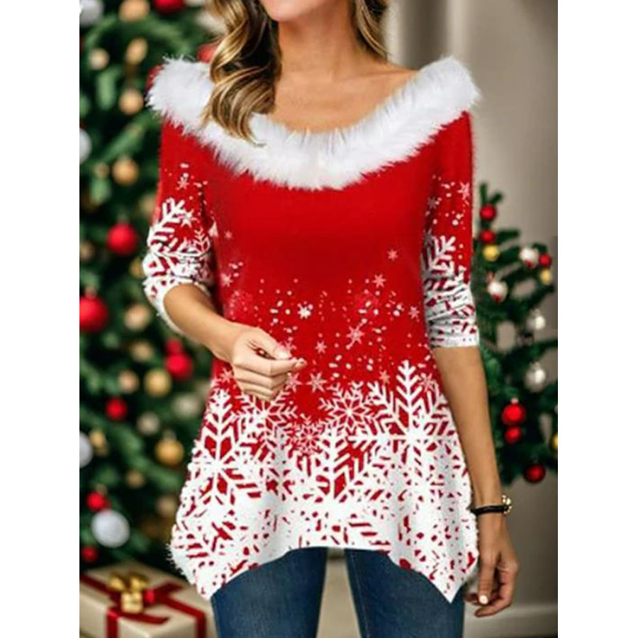 

Damen-T-Shirt Mit Weihnachtlichem Bedrucktem Pelzkragen Spleißen V-Ausschnitt Unregelmäßigem Langarm-T-Shirt