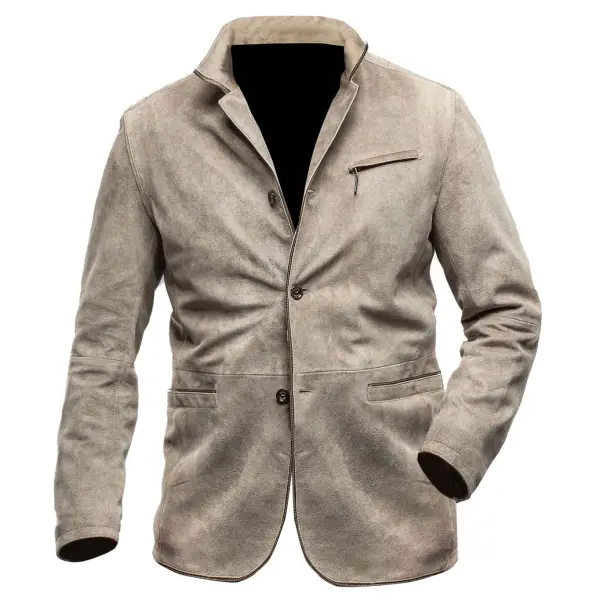 Men's Jacket Vintage Suede Pocket Outdoor Blazer Light Khaki - Cotosen.com