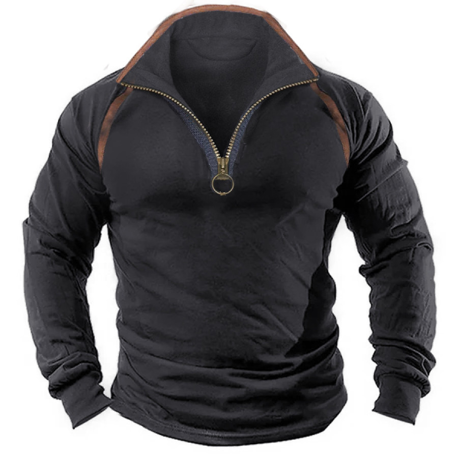 

Herren-Outdoor-Retro-Reißverschluss-Poloshirt Kontrastfarben-Design Retro-Langarm-Tactical-Top-T-Shirt