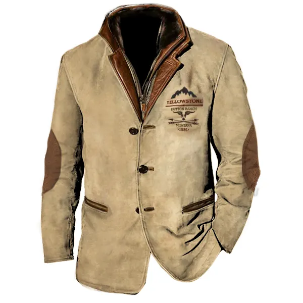 Men Vintage Yellowstone Cargo Blazer Jackets Double Layer Lapel Fur Leather Collar Medium Length Coats - Cotosen.com