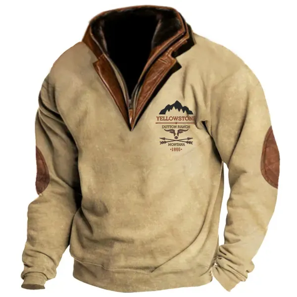 Men's Western Yellowstone Zip Stand Collar Polo Sweatshirt Double Layer Lapel Fur Leather Collar Tactics Pullover - Cotosen.com
