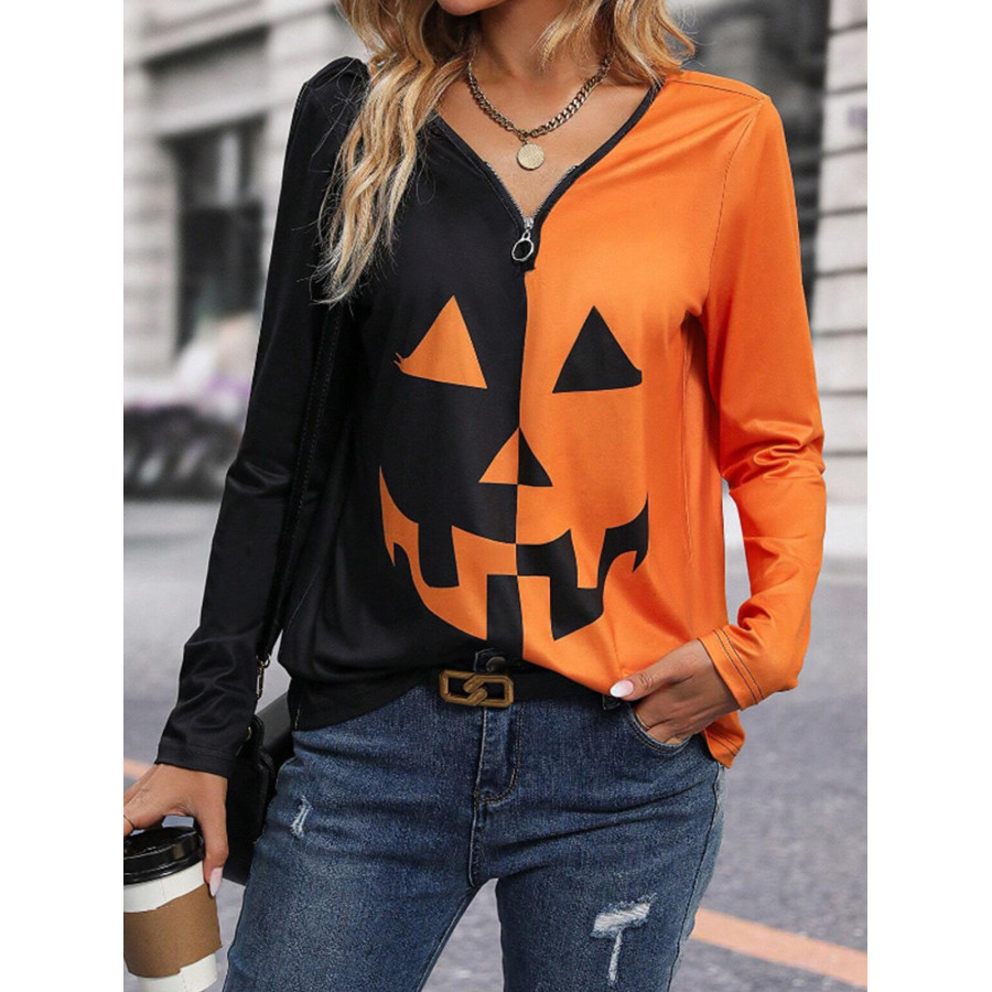 

Camiseta De Manga Larga Con Cuello En V Y Cremallera Con Estampado En Contraste De Calabaza De Halloween Para Mujer