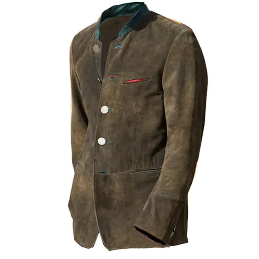 

Blazer Vintage En Daim à Col Montant Pour Hommes Manteau Mi-long Décontracté Avec Poches De Couleur Contrastée Pour L'extérieur