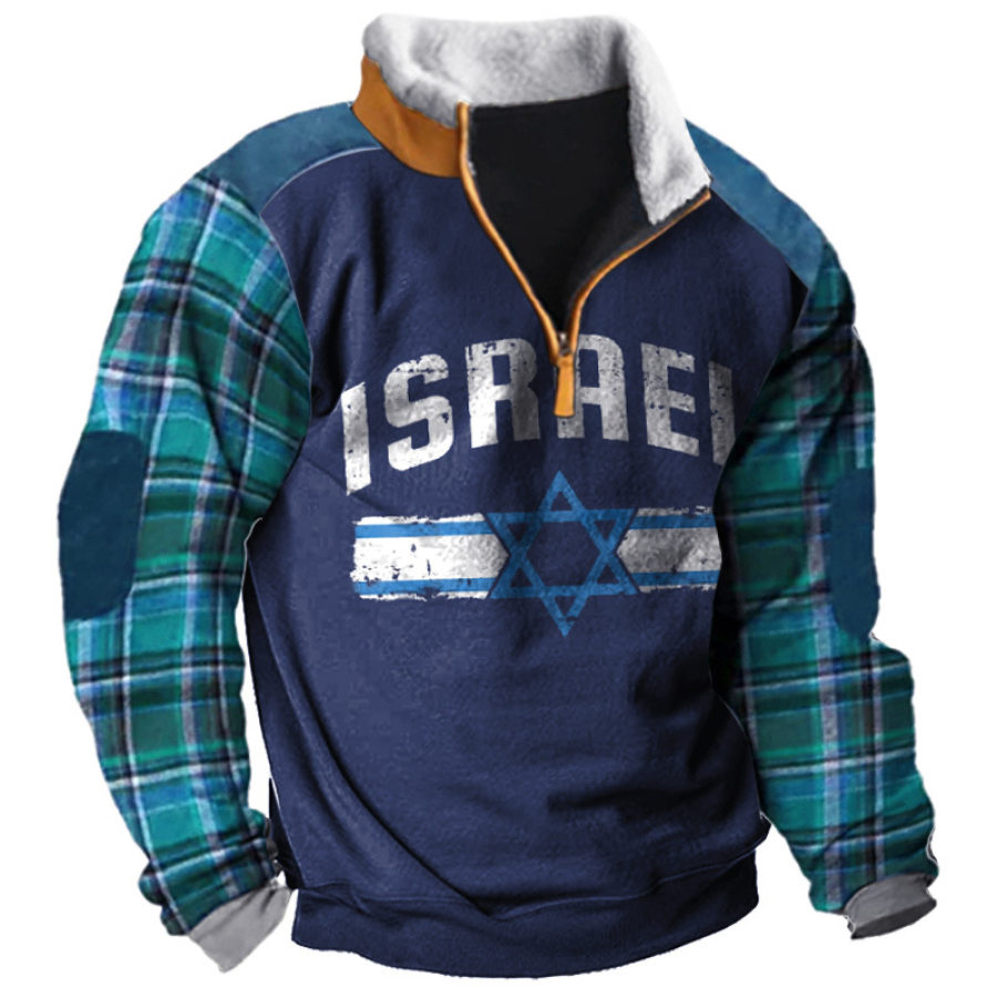 

Men's Half-Zip Hoodie Checked Israeli Print Colorblock