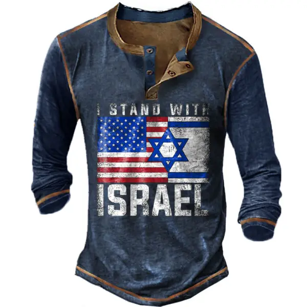 Men's T-Shirt Henley I Stand With Israel American Flag Outdoor Long Sleeve Daily Tops - Cotosen.com