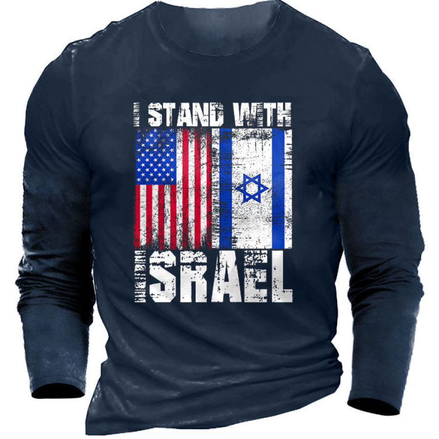 

T-shirt Pour Hommes Je Me Tiens Avec Le Drapeau Américain D'israël Vintage Extérieur Manches Longues Hauts Quotidiens