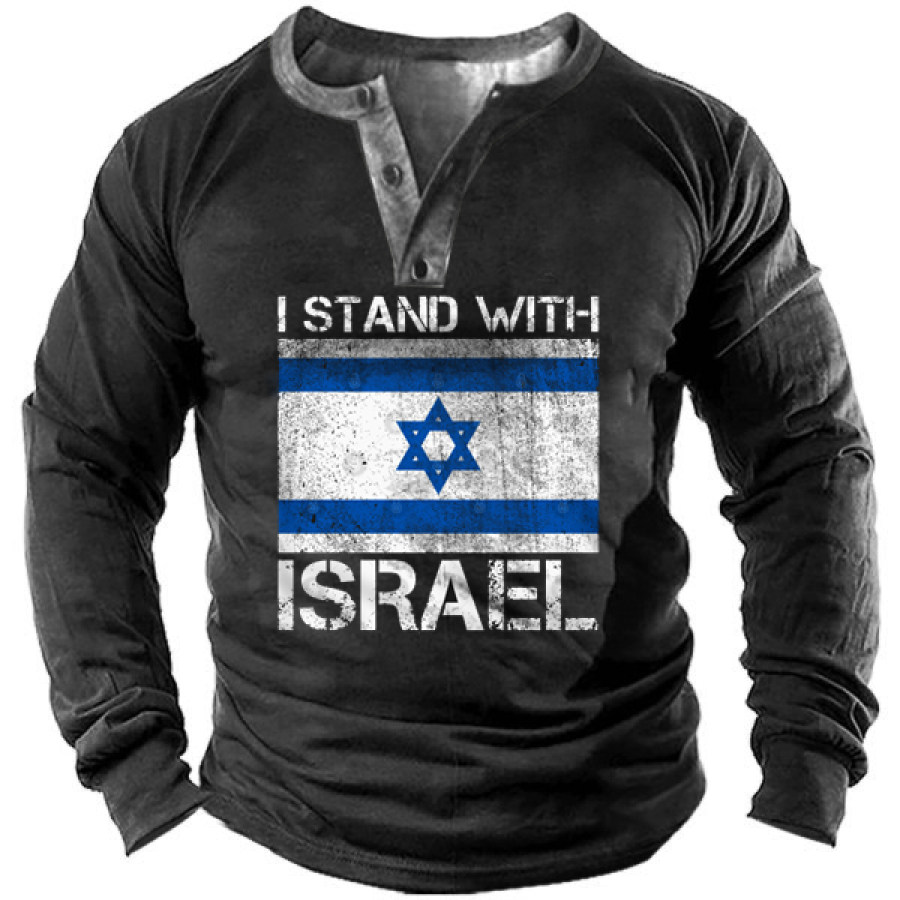 

Herren-Langarm-T-Shirt „I Stand With Israel“ Mit Henley-Aufdruck Im Vintage-Stil