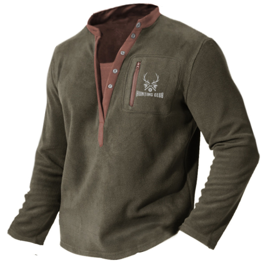 

Men's Hunter Moose Henley Fleece Sweatshirt Outdoor Casual Retro Contrast Color Zippered Pocket Tactical Base Top