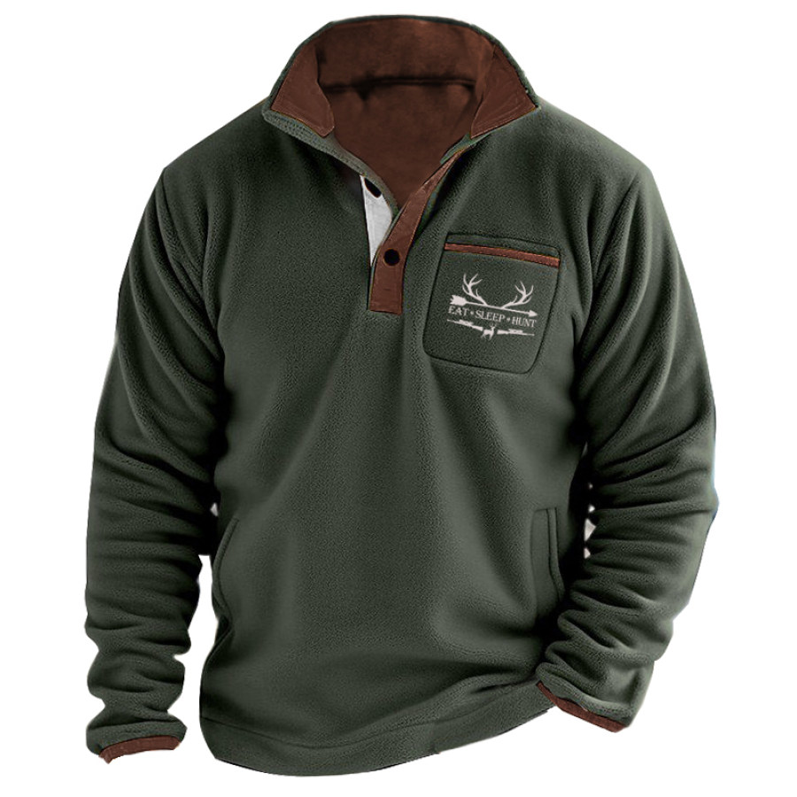 

Hunter Moose Henley Fleece-Polo-Sweatshirt Für Herren Outdoor Lässig Retro Kontrastfarbe Tasche Taktisches Base-Top