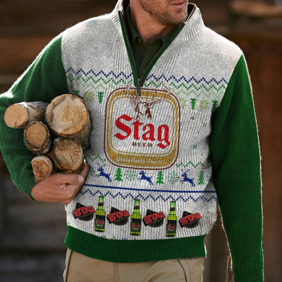 

Men Stag Beer Ugly Christmas Zip Stand Collar Sweater