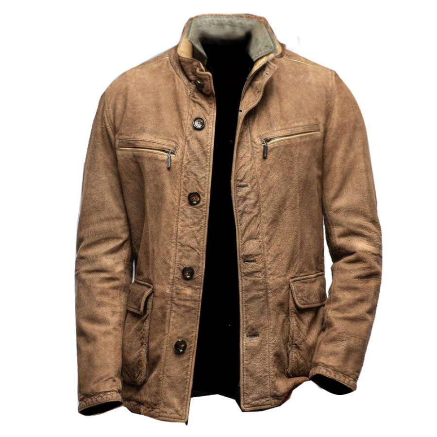 

Giacche Blazer Vintage In Pelle Scamosciata Da Uomo Doppio Strato In Pelle Scamosciata Con Colletto Colorato A Contrasto Tasche Multiple Cappotti Di Media Lunghezza