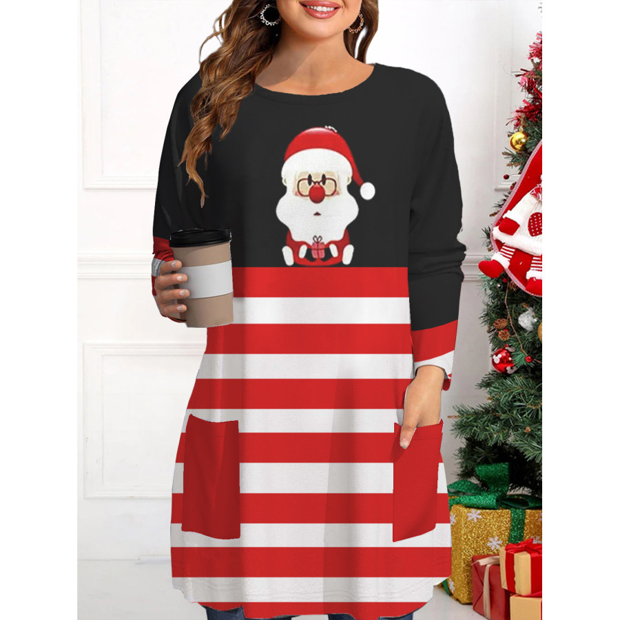 

T-shirt Da Donna A Maniche Lunghe Con Collo Rotondo Ampio E Tasca Con Stampa A Righe Di Babbo Natale
